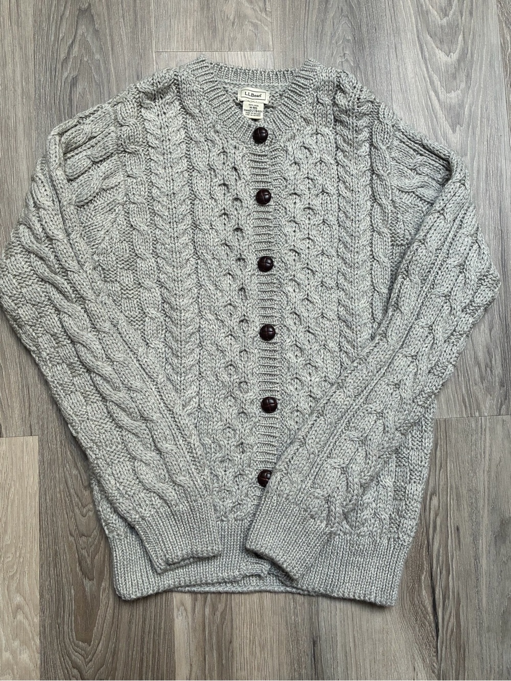 Vintage L.L.Bean 100% Wool Cable Knit Cardigan Sweater Gray M Ireland